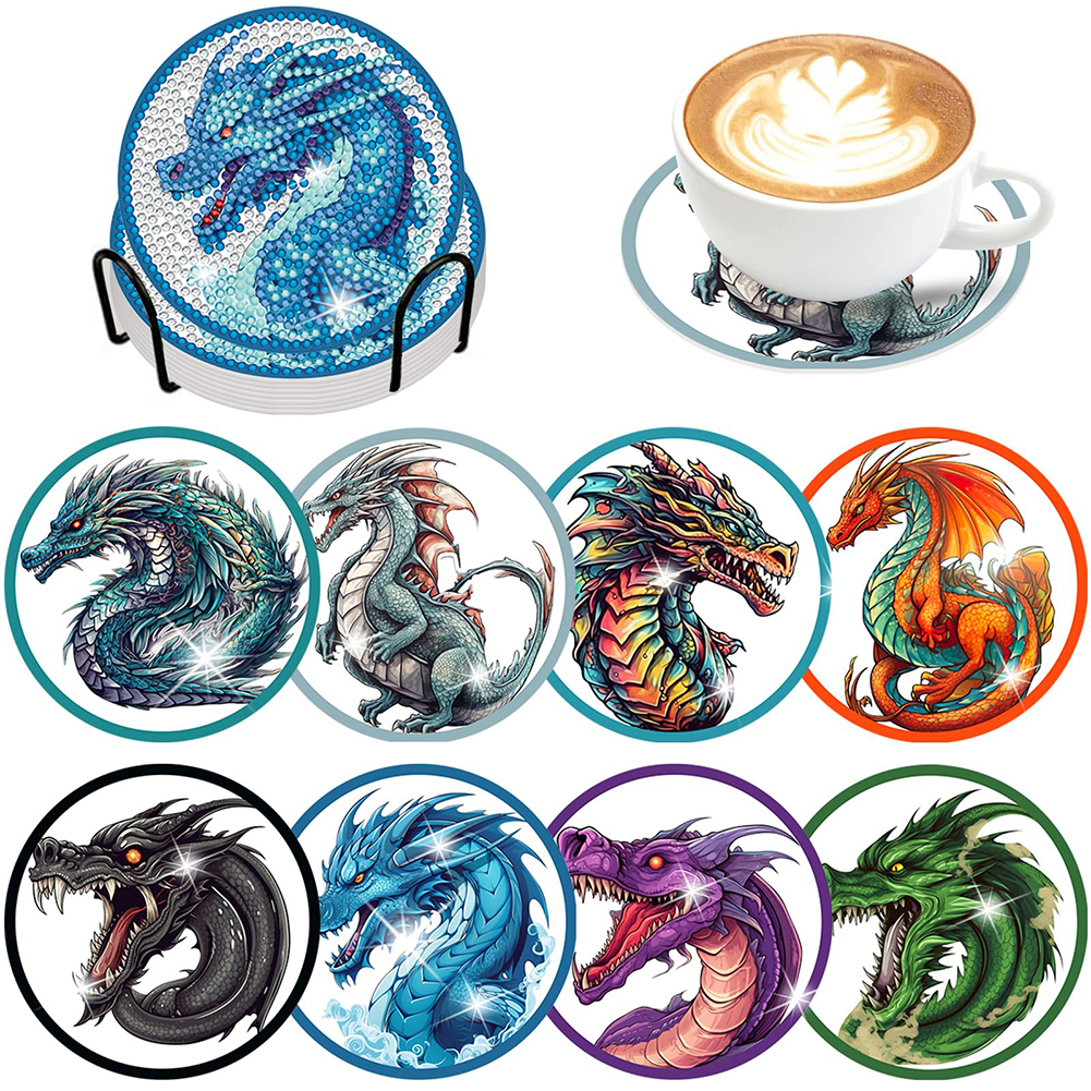 Everydayedeals 8pcs Diamond Painting Dragon Coasters Kits with Holder