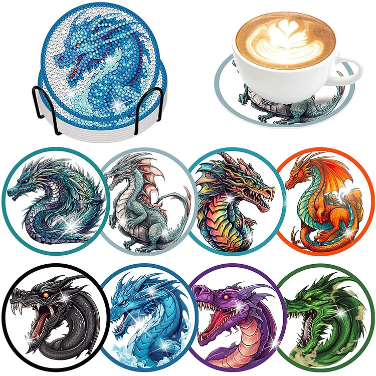 8PCS Acrylic Diamond Painting Coasters Kits with Holder for Beginner (Dragon)