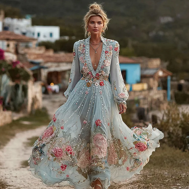 Women's Vintage Bohemian Floral Embroidered Casual Long Sleeve Dress