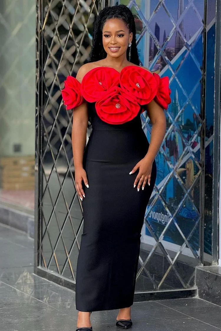 Colorblock 3D Flower Decor Off Shoulder Slim-Fit Party Maxi Dresses-Red
