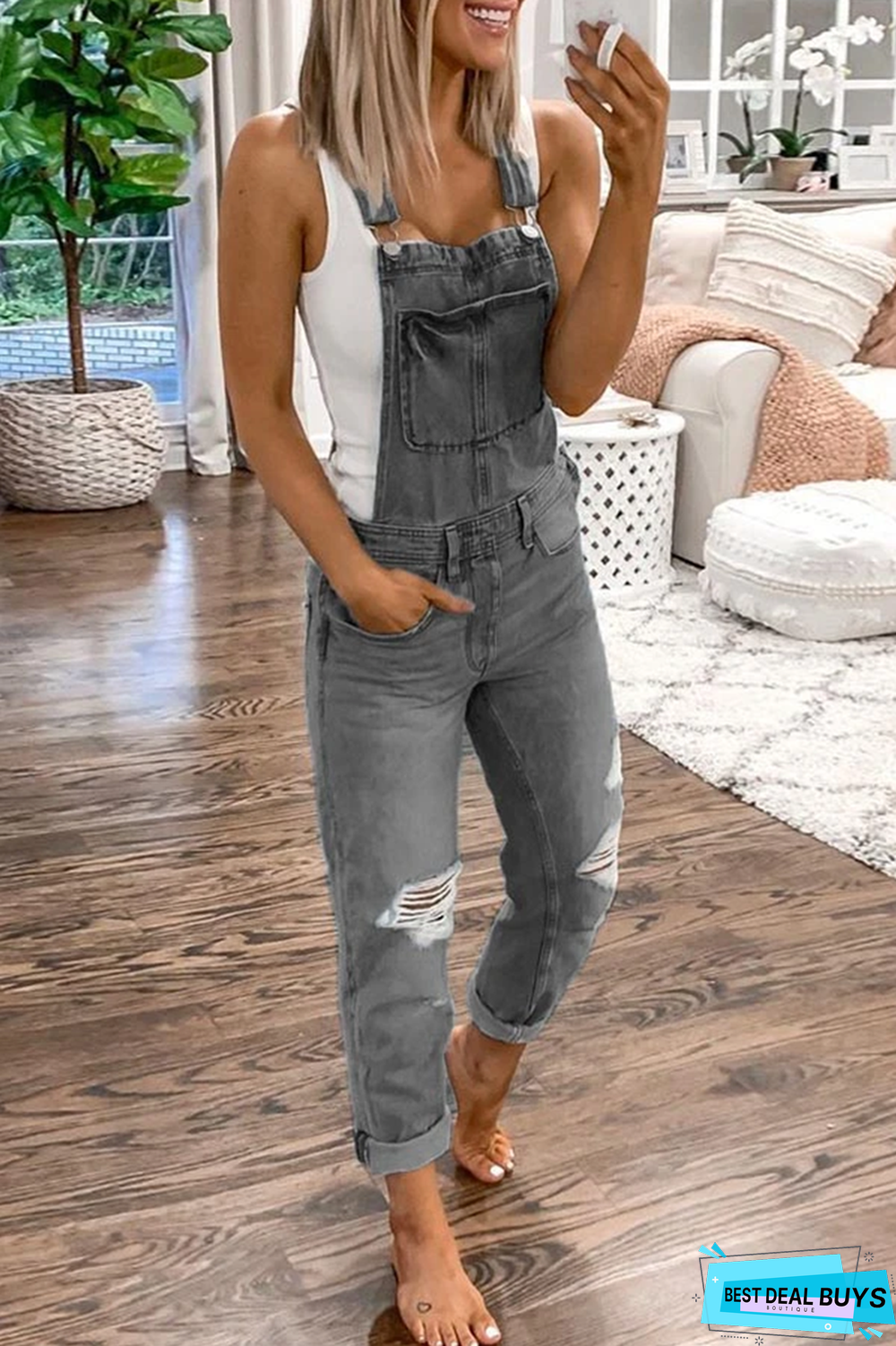 Distressed Denim Plus Size Jumpsuit