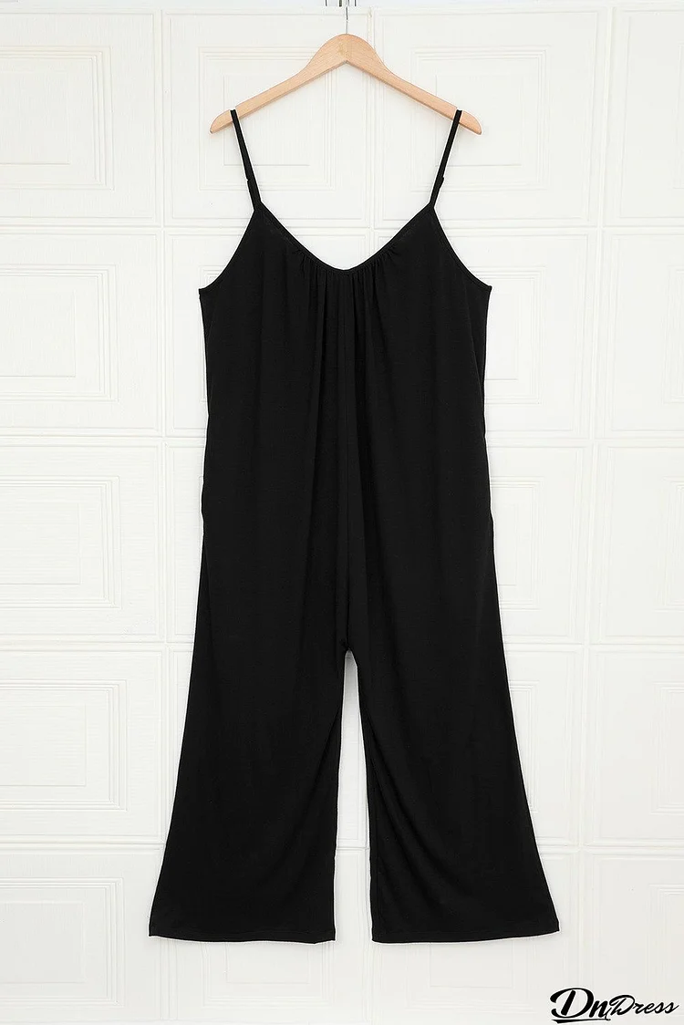 Casual Black Spaghetti Straps Wide Leg Pocketed Jumpsuits