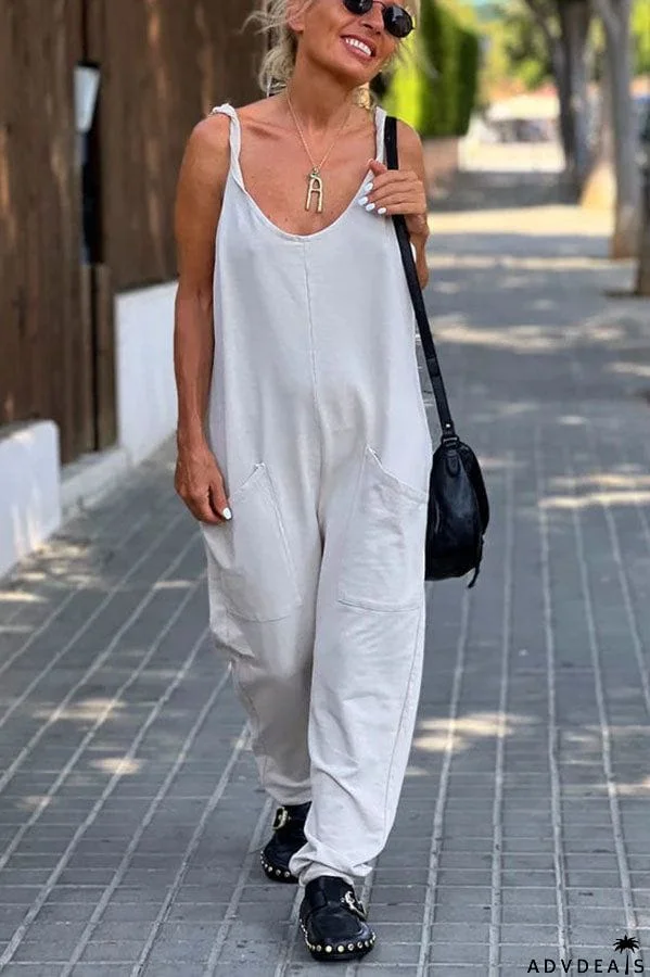 Relaxing Bay Solid Color Pocketed Casual Beach Jumpsuit