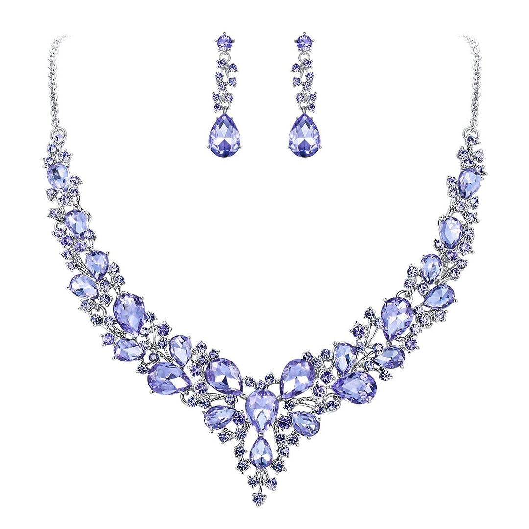 Women's Wedding Bridal Austrian Crystal Teardrop Cluster Statement Necklace Dangle Earrings Set