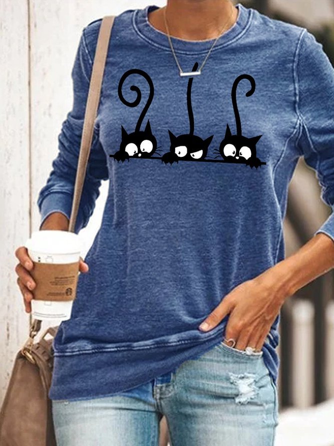 Womens Cute Black Cat Print Casual Sweatshirt