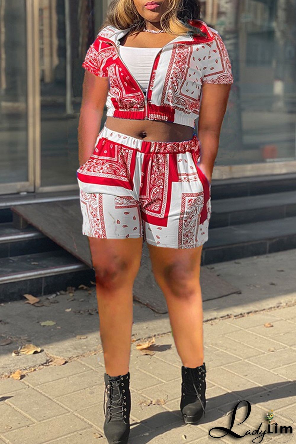 Red Fashion Casual Print Basic Turndown Collar Short Sleeve Two Pieces