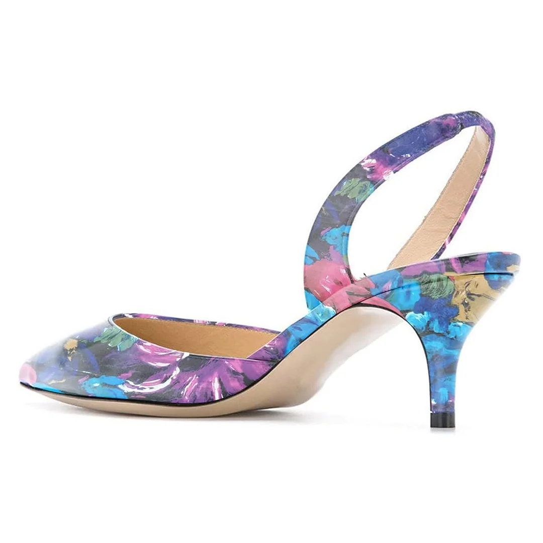 Pointed Toe Enchanting Floral Printed Kitten Heel Slingback Pumps