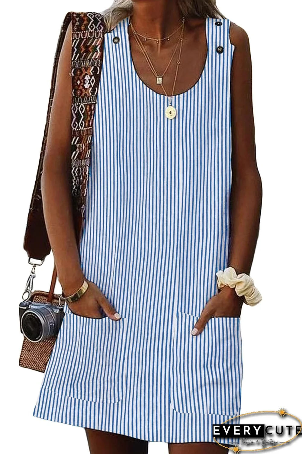 Sky Blue Boho Crew Neck Pockets Daily Striped Shift Dress