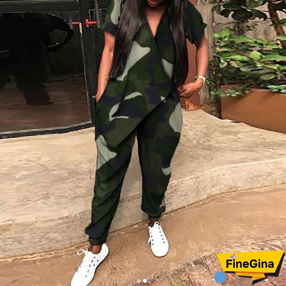 Women Summer Short Sleeve Jumpsuit Romper Camouflage Print Playsuit