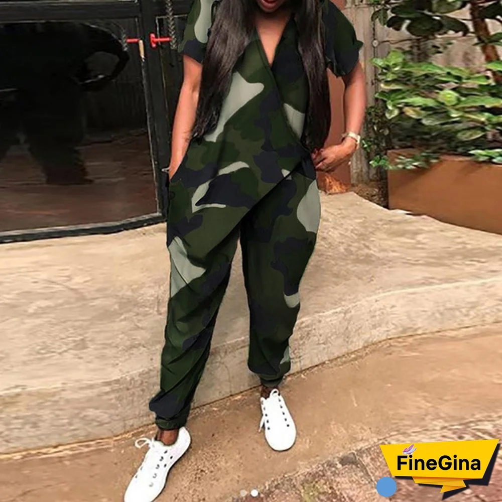 Women Summer Short Sleeve Jumpsuit Romper Camouflage Print Playsuit