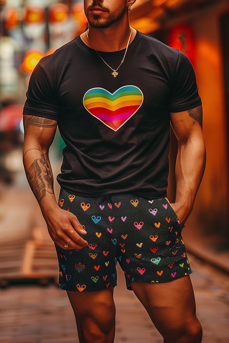 Rainbow Heart Print T-Shirt Shorts Festival Two Piece Set [Pre-Order]