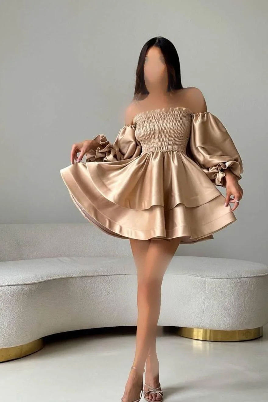 Miabel Charming Gold Satin Bubble Long Sleeves Strapless High Waist Short Prom Dress with Ruffles 