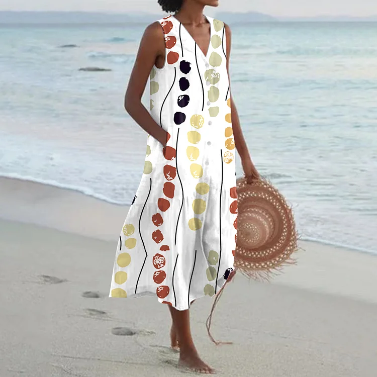 V-neck Printed Beach Dress VangoghDress
