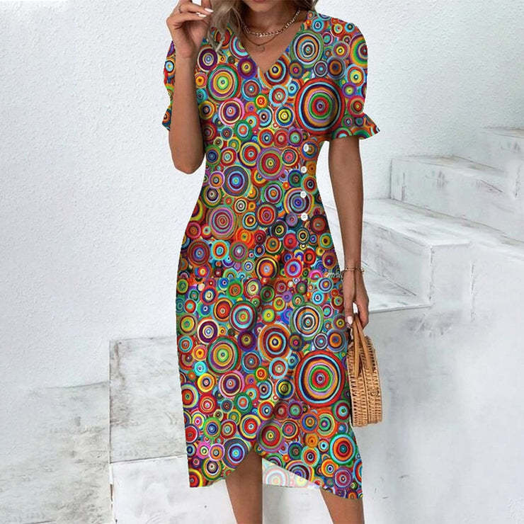 Short Sleeve V Neck A-line Fashion Vacation Floral Dress