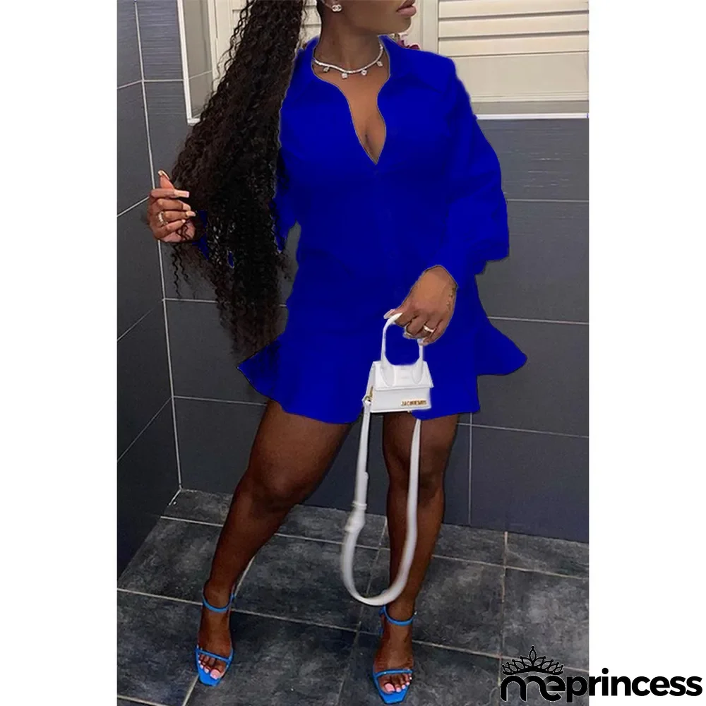 Women Fall Button Solid Long Sleeve Shirt Dress