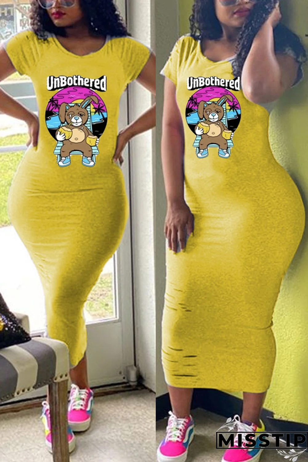 Yellow Fashion Cartoon Print Short Sleeve Dress