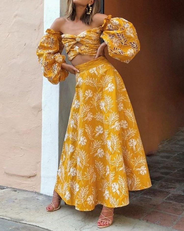 Yellow Floral Print Shirt Dress Suit
