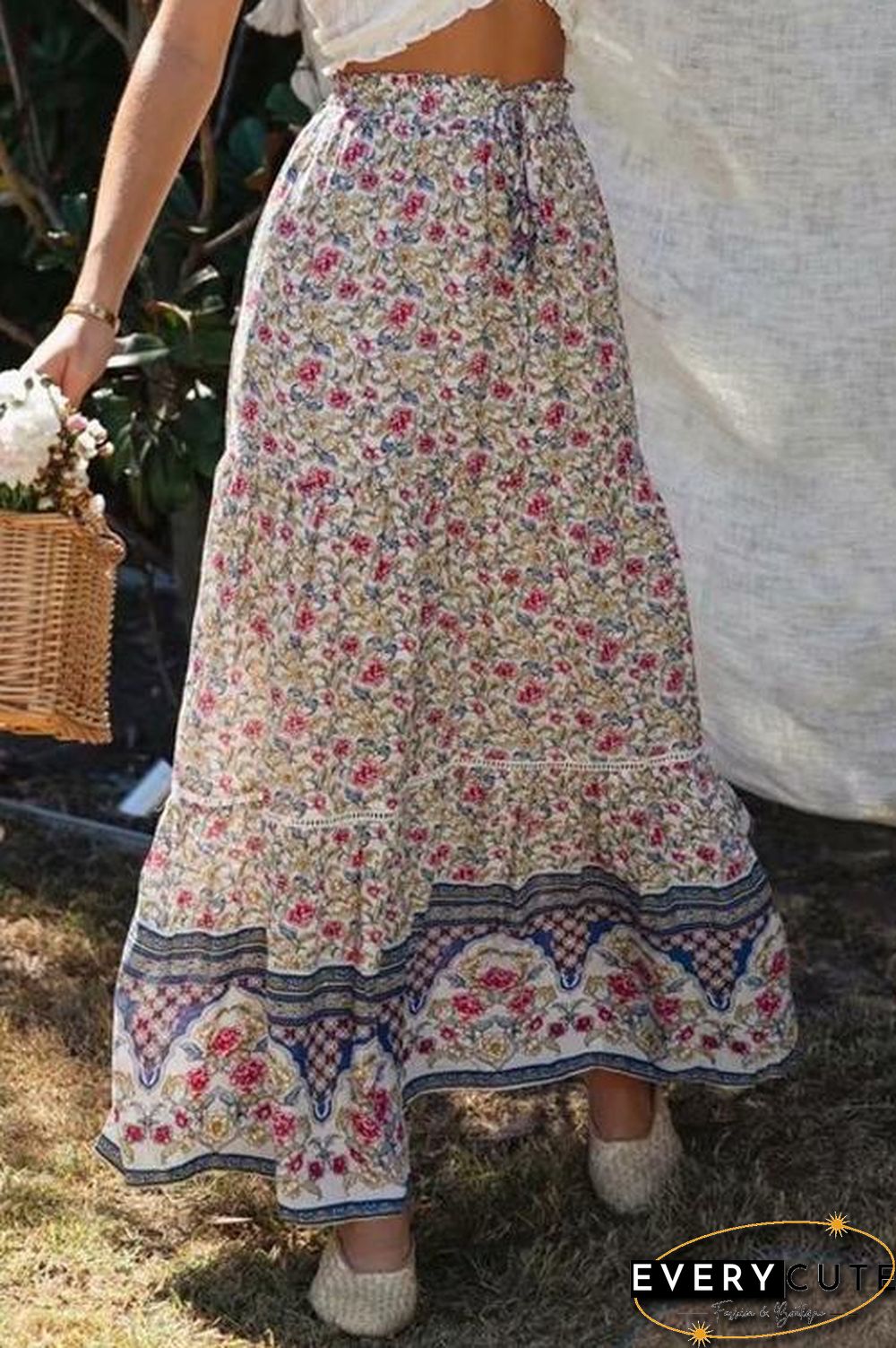 Floral Print Drawstring Waist Maxi Skirts