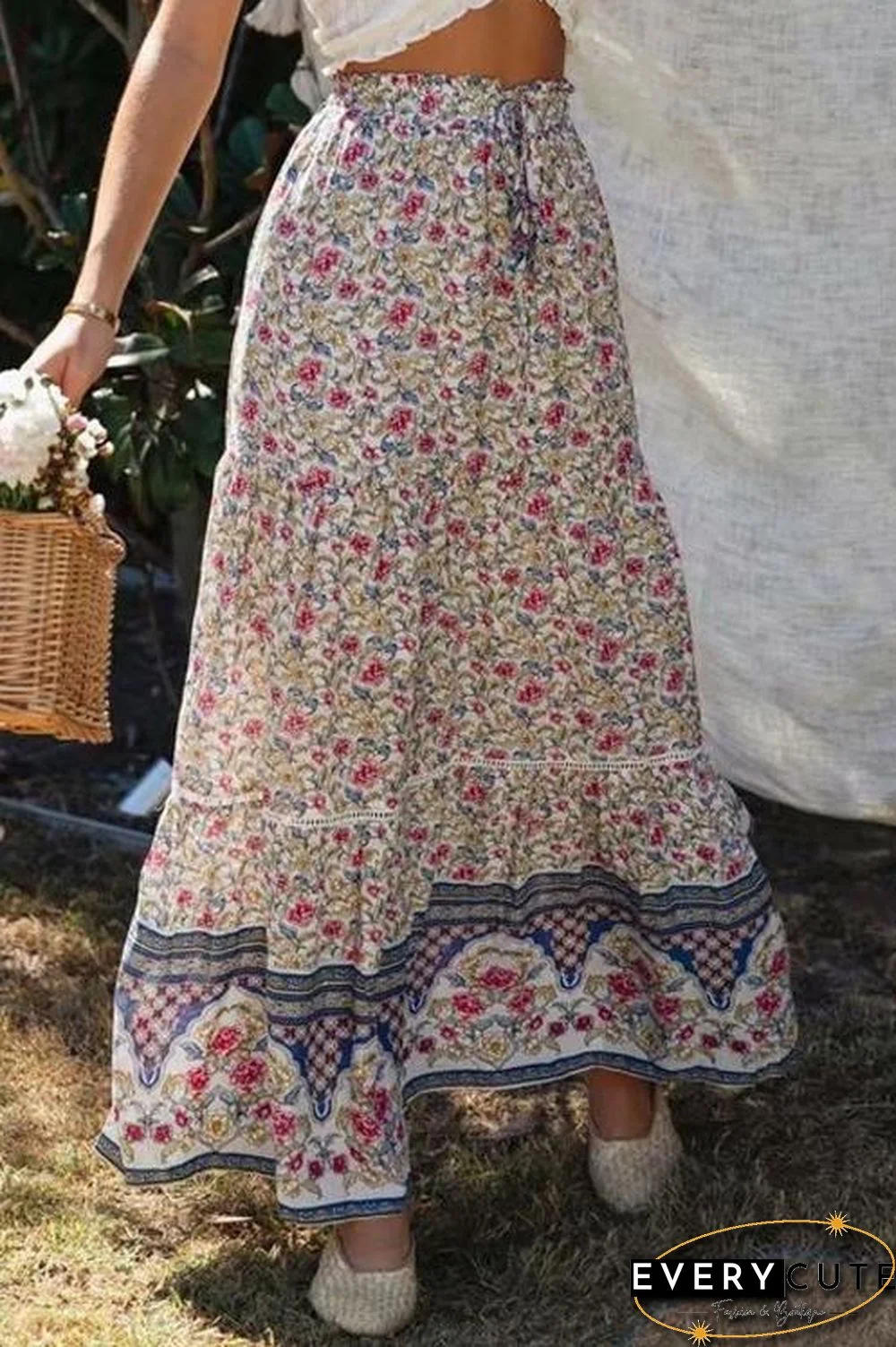Floral Print Drawstring Waist Maxi Skirts