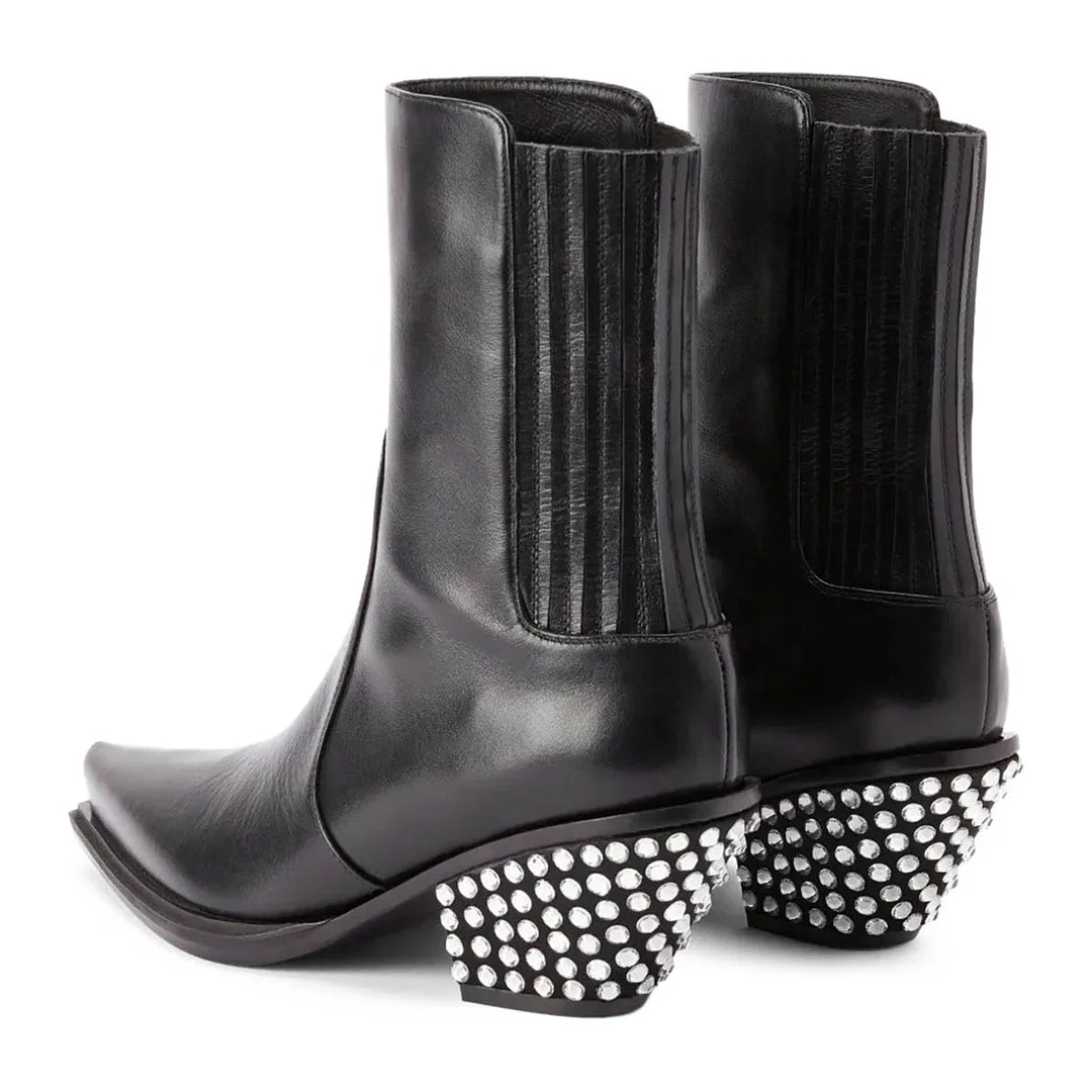 Elegant Black Rhinestone Slip On Pointed Toe Cowboy Boots for Women