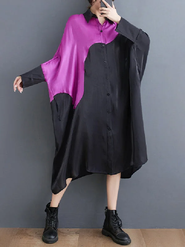 Casual Loose Black Lapel Asymmetric Patchwok Purple Batwing Sleeves Midi Dress