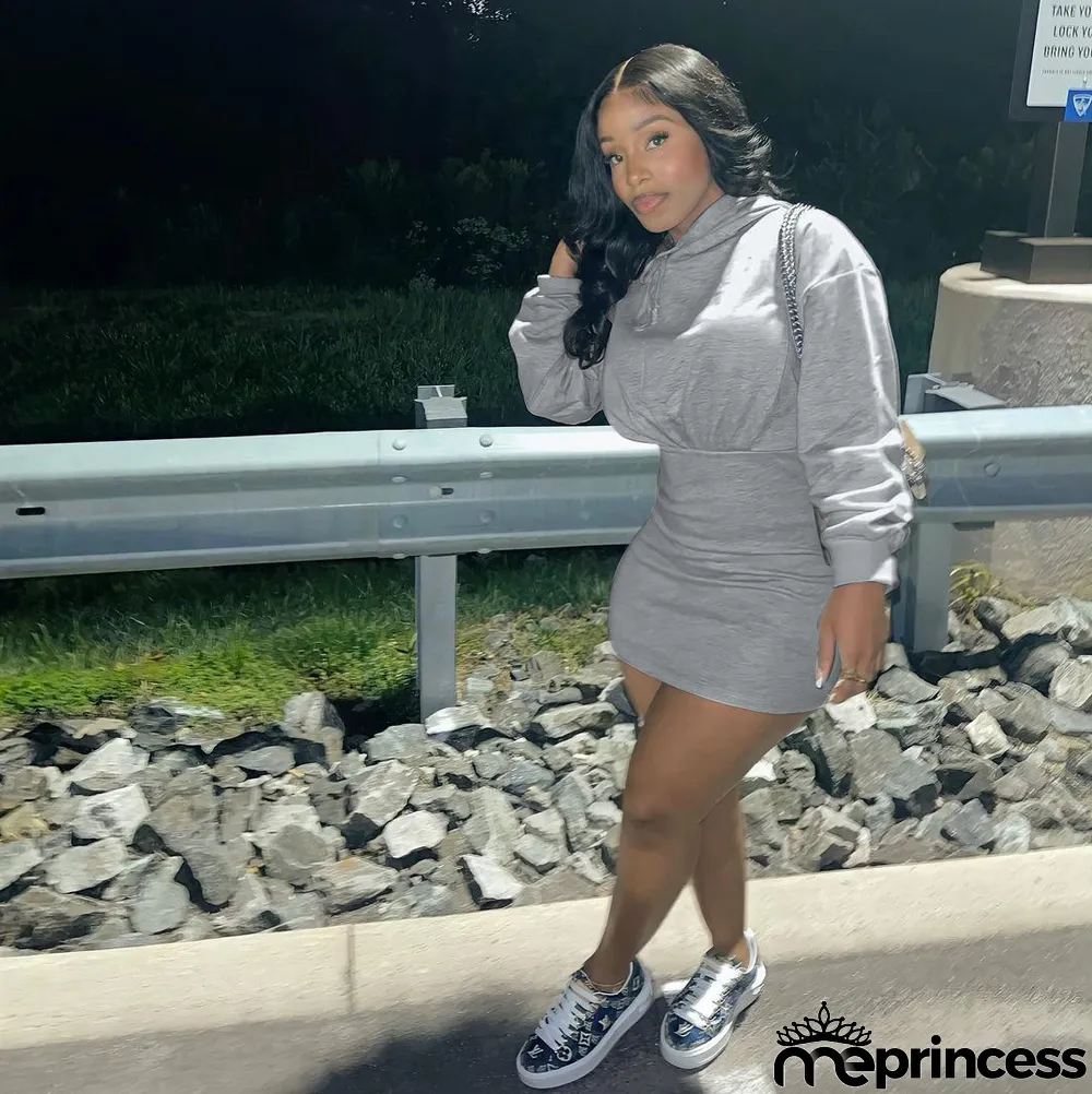 Solid Hooded High Waist Long Sleeve Mini Dress