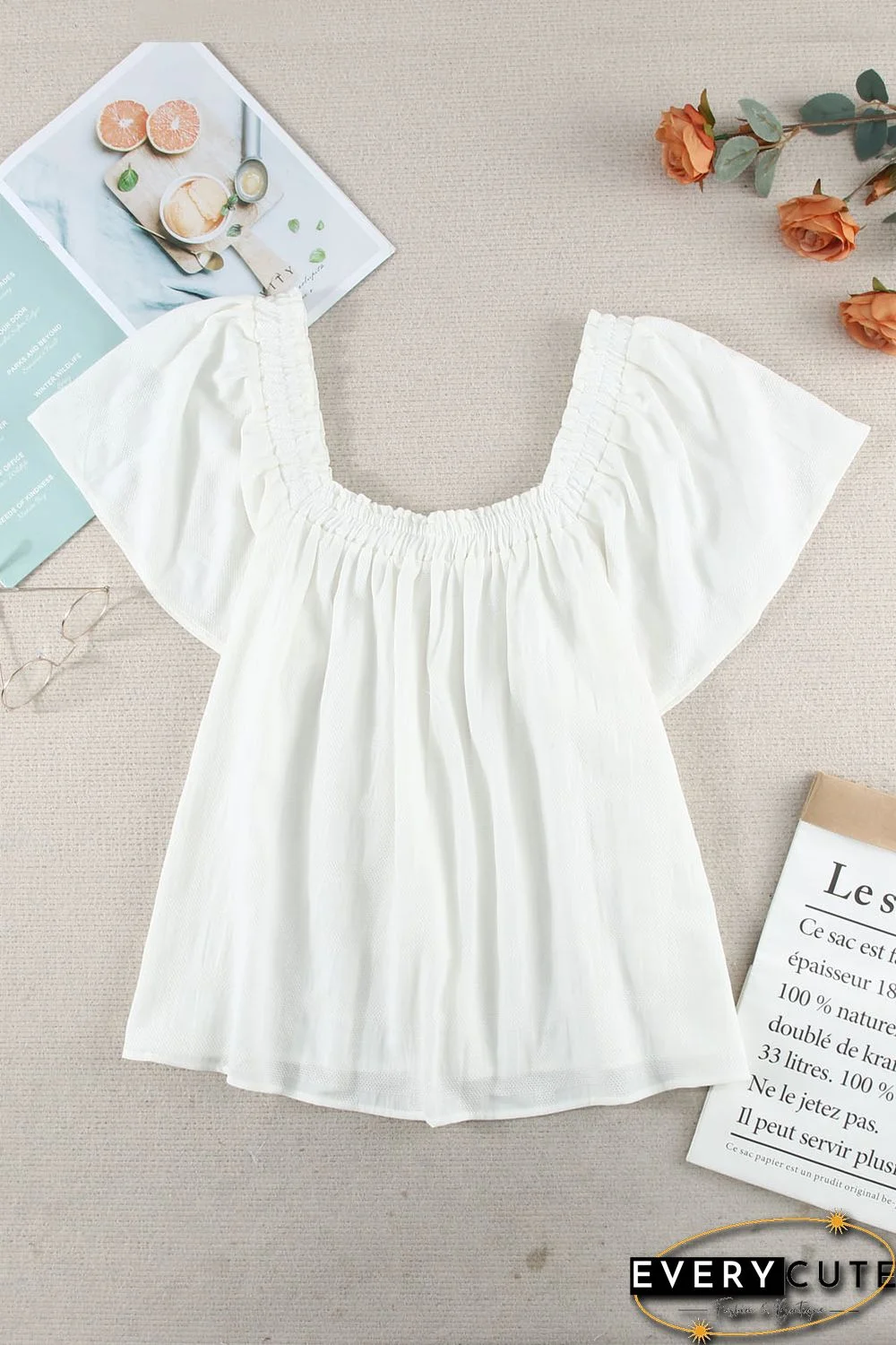 White Square Neck Jacquard Short Sleeves Top