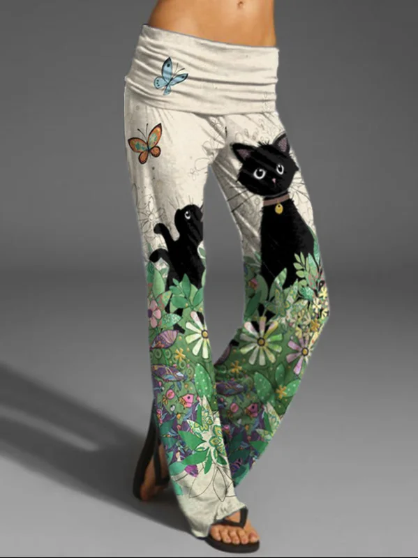 Vintage Cat Pattern Elastic Waist Wide Leg Pants