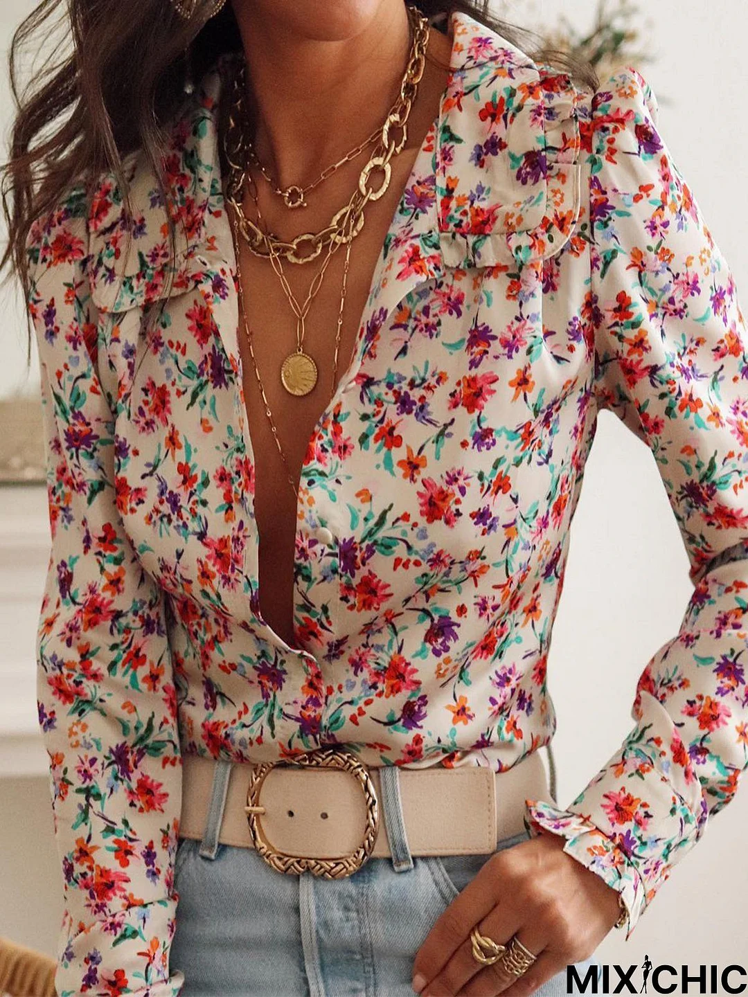 Vacation Long Sleeve Disty Floral Buckle Blouse