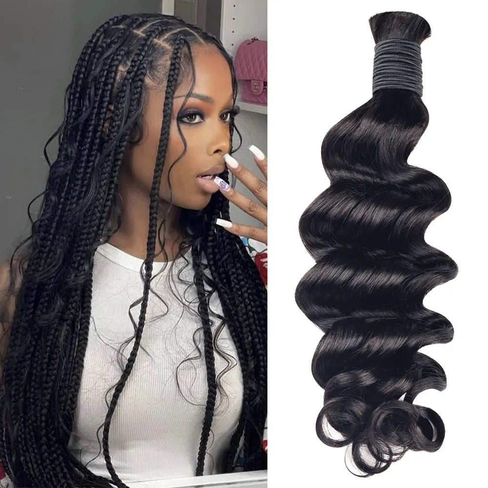 #1B Natural Black Loose Deep Wave Hair Bulk | Boho Braids | 100% Human Hair | BORUIHAIR