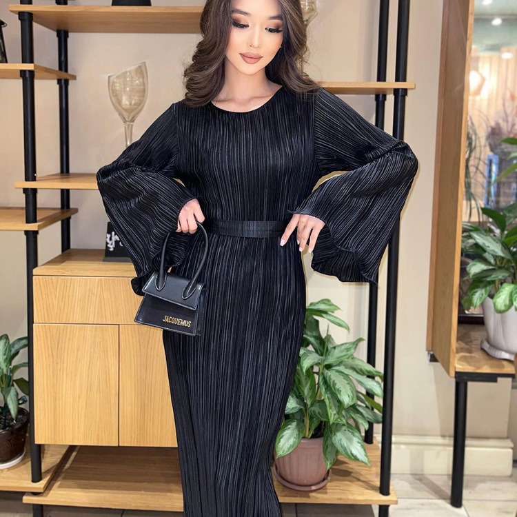 Ootddress Fashion Ruffled Lace-Up Long Dress Women Slim Long Sleeve Striped Pleated Party Dress Autumn 2025 Solid Gown Female Dress