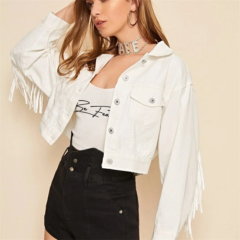 New Autumn Women Fashion Long Sleeve Casual Ladies Outerwear Chaqueta Mujer Stylish Fringe Beaded Loose Denim Jacket Coat