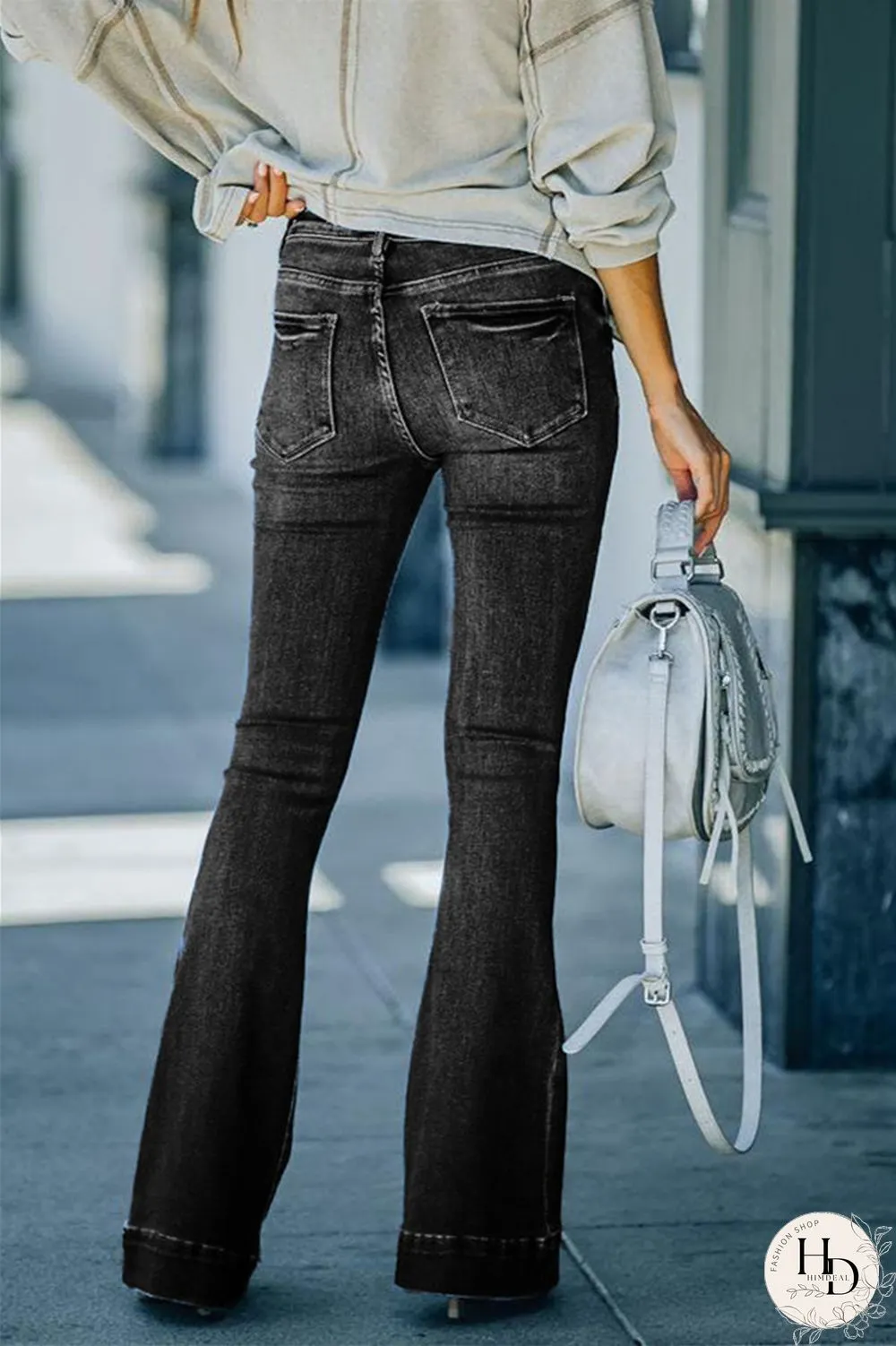 Light Blue Fashion Solid Basic High Waist Boot Cut Denim Jeans