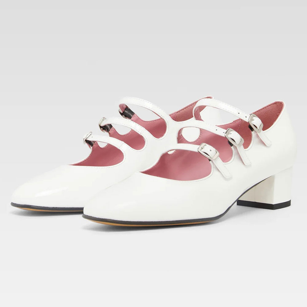 Classy White Triple Buckle Strap Heeled Mary Janes with Square Toe Nicepairs