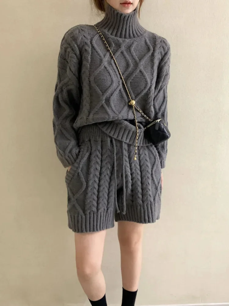 Huiketi Winter Women's Set 2 Piece Turtleneck Sweater + Shorts Vintage Twist Simple Solid Harajuku All-match Pullover Knitwear