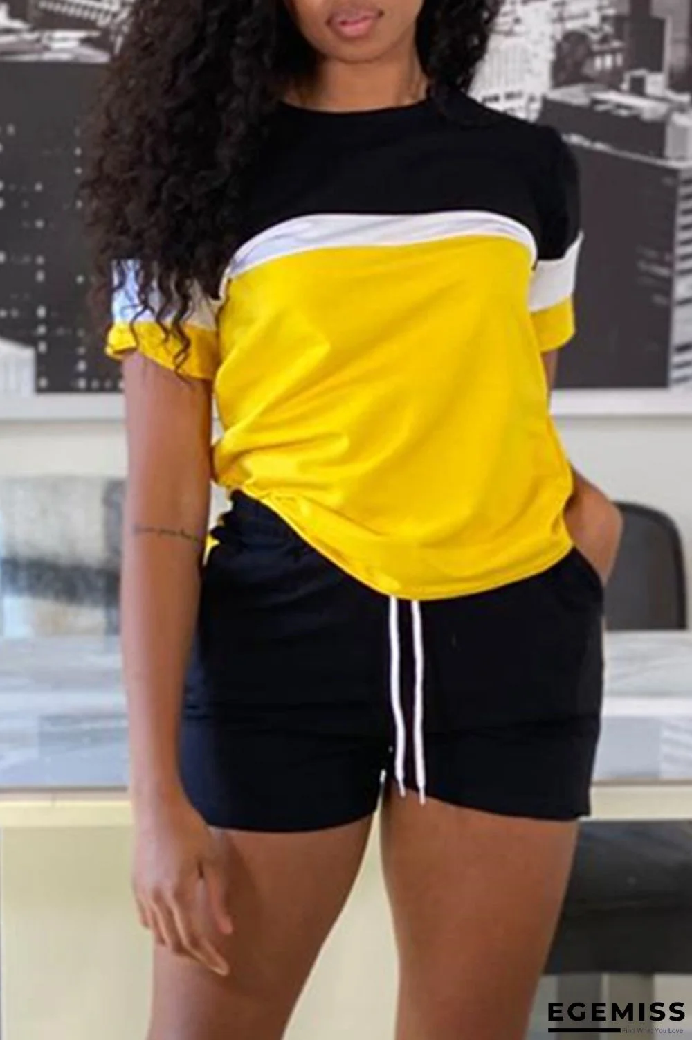 Yellow Fashion Casual Patchwork Basic O Neck Short Sleeve Two Pieces | EGEMISS