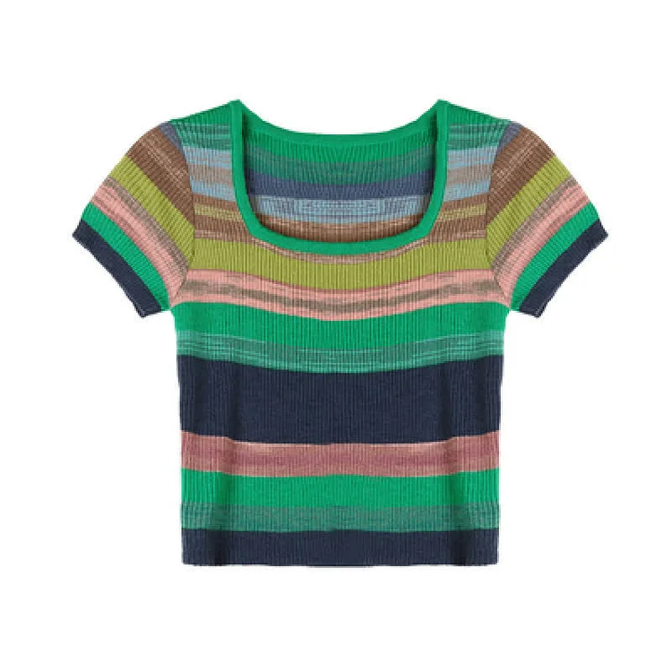 Rainbow Stripe Colorblock Short Sleeve T-Shirt - Modakawa modakawa