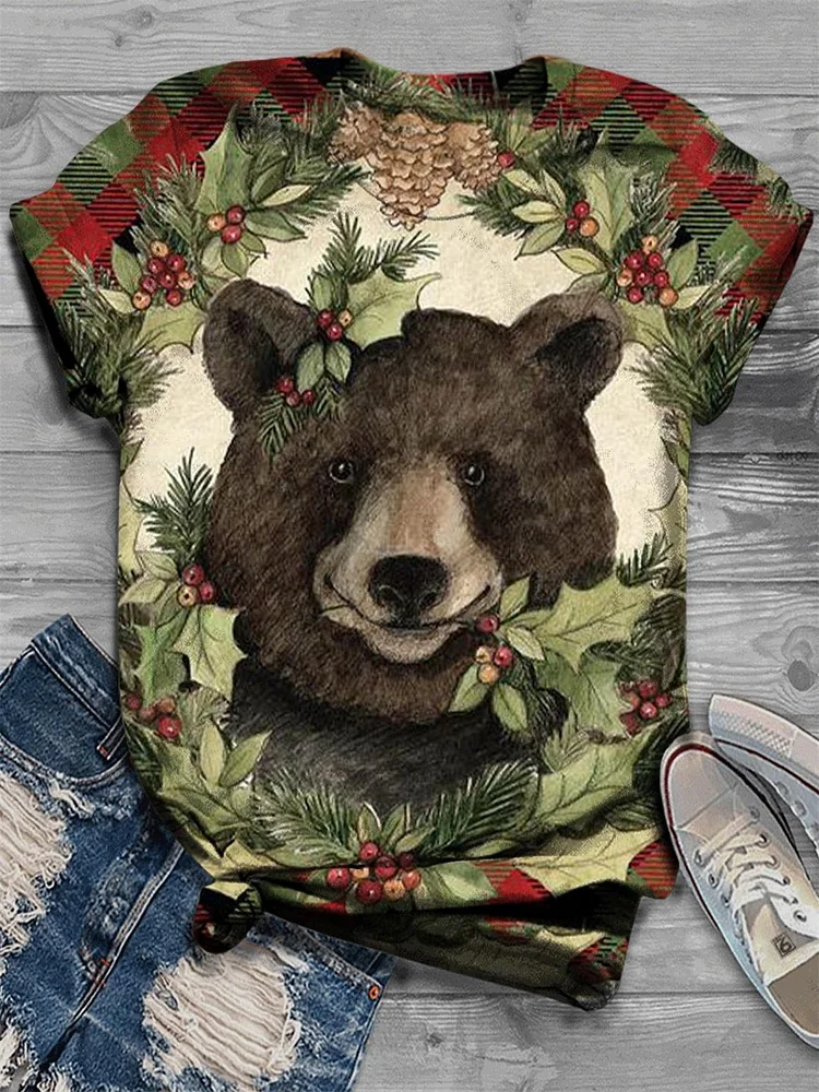 Women's Christmas Cute Bear Round Neck T-Shirt