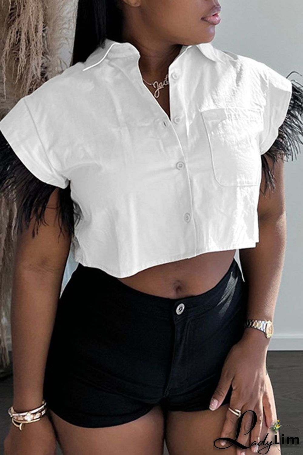 Green Casual Solid Patchwork Buckle Feathers Turndown Collar Tops