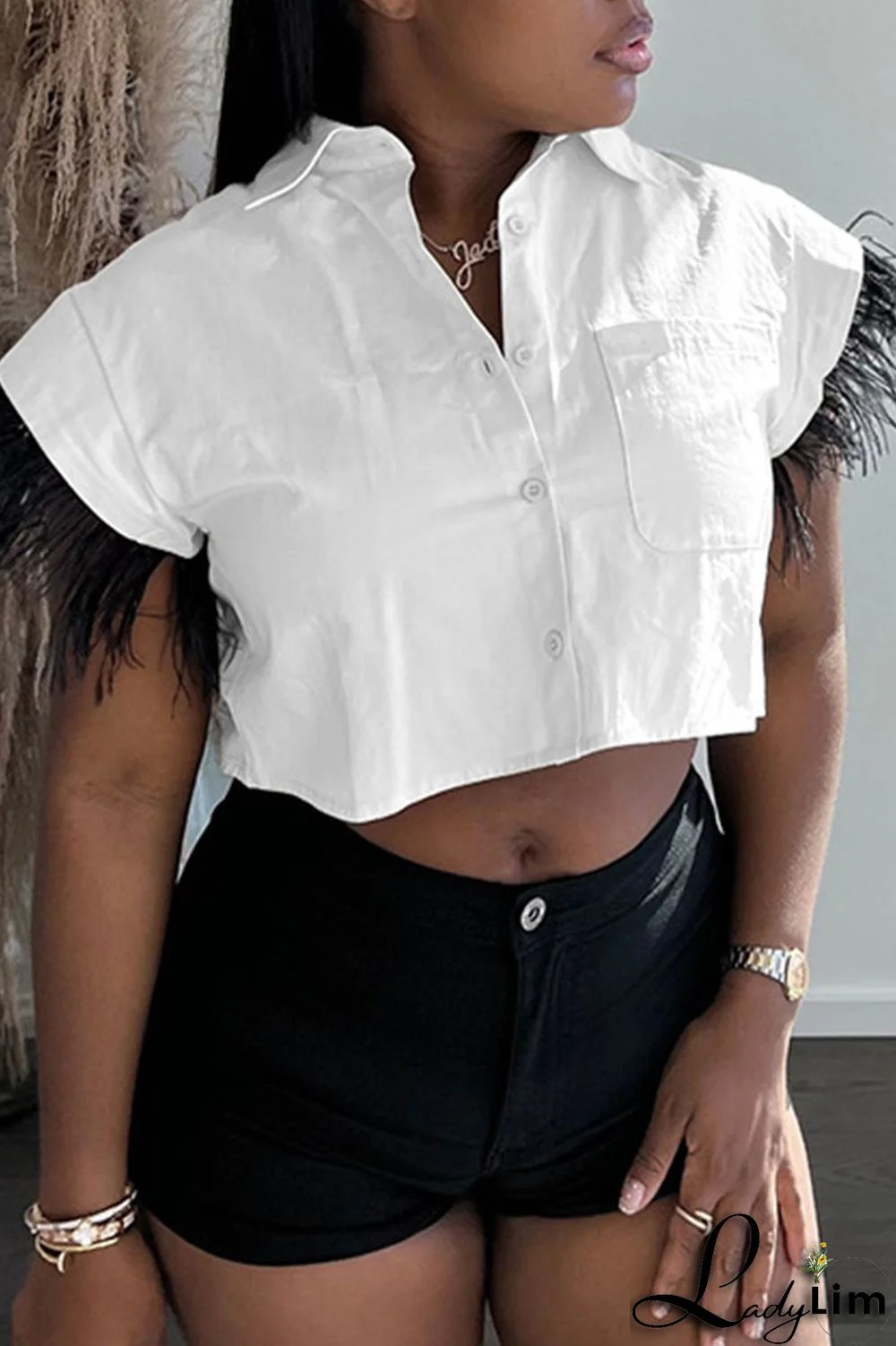 Green Casual Solid Patchwork Buckle Feathers Turndown Collar Tops