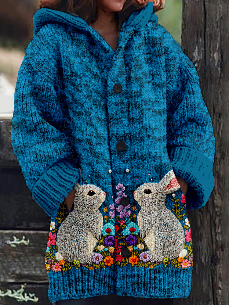 Bright Pastel Knitted Bunny Pattern Cozy Hooded Cardigan wearshes