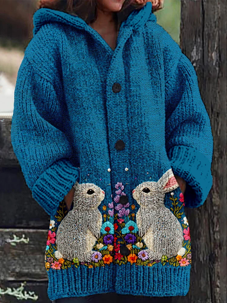 Bright Pastel Knitted Bunny Pattern Cozy Hooded Cardigan