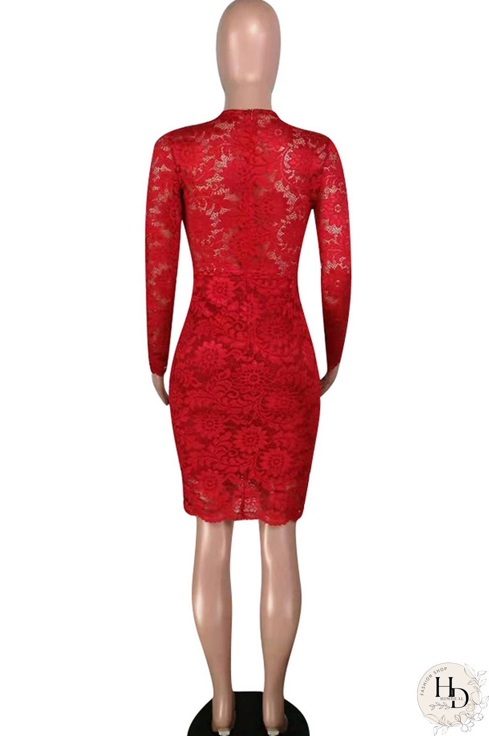 Red Lace Casual Cap Sleeve Long Sleeves V Neck Step Skirt Knee-Length lace Solid Patchwork Broken flower