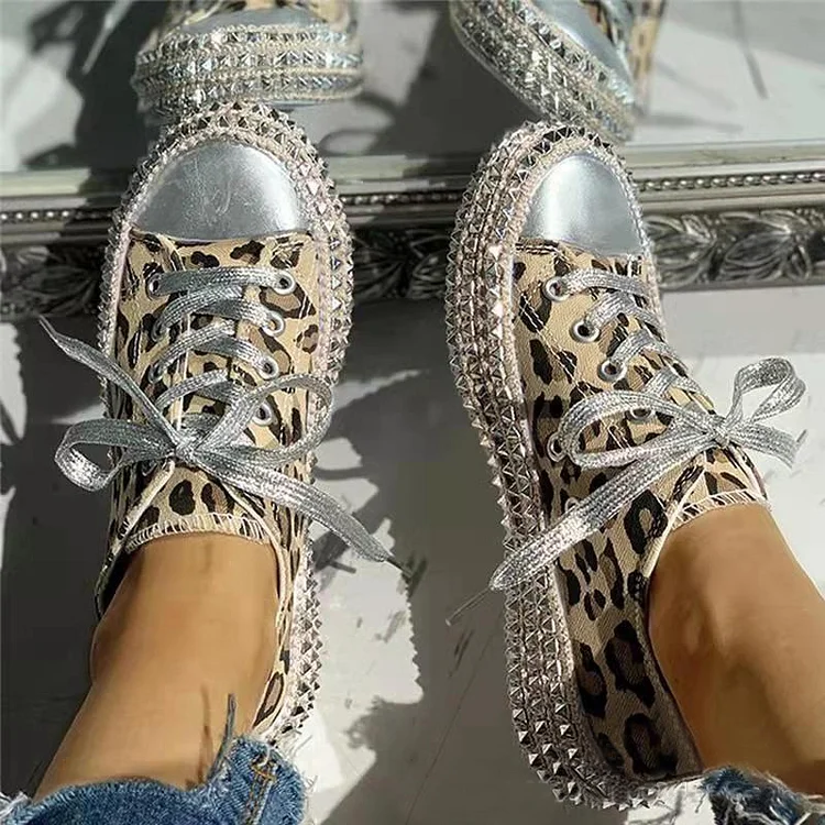 Fashion Leopard Print Studded Rhinestone Lace Up Canvas Shoes