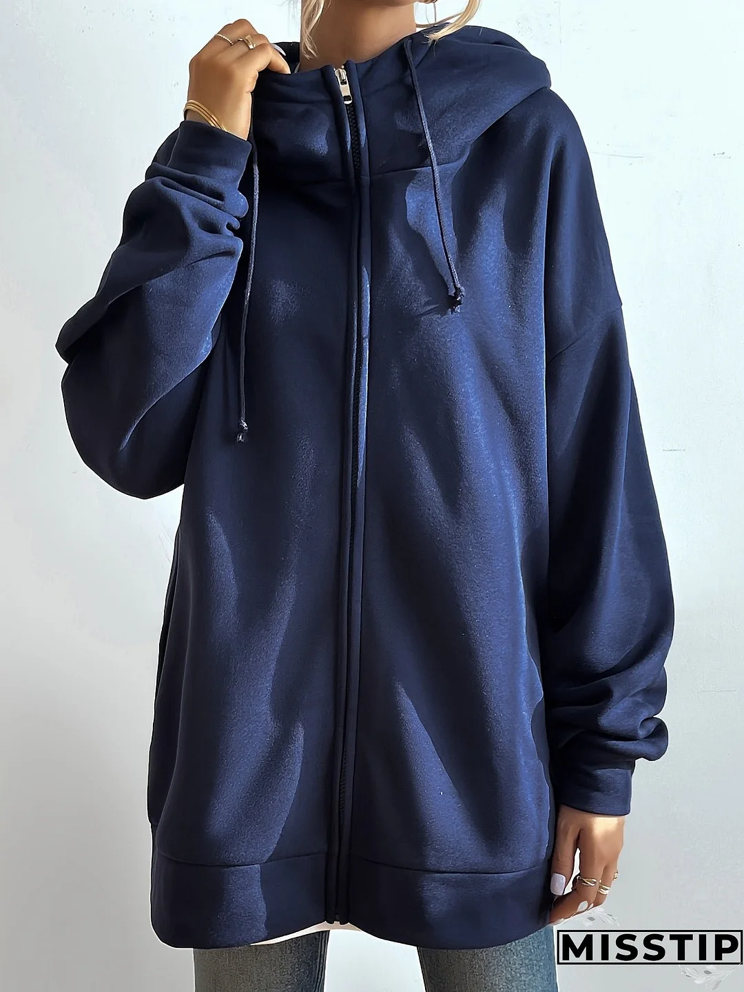 Solid Color Casual Sports Hooded Zipper Sweatshirs, Long Sleeve Drawstring Hoodie, Women's Sporty Sweatshirts