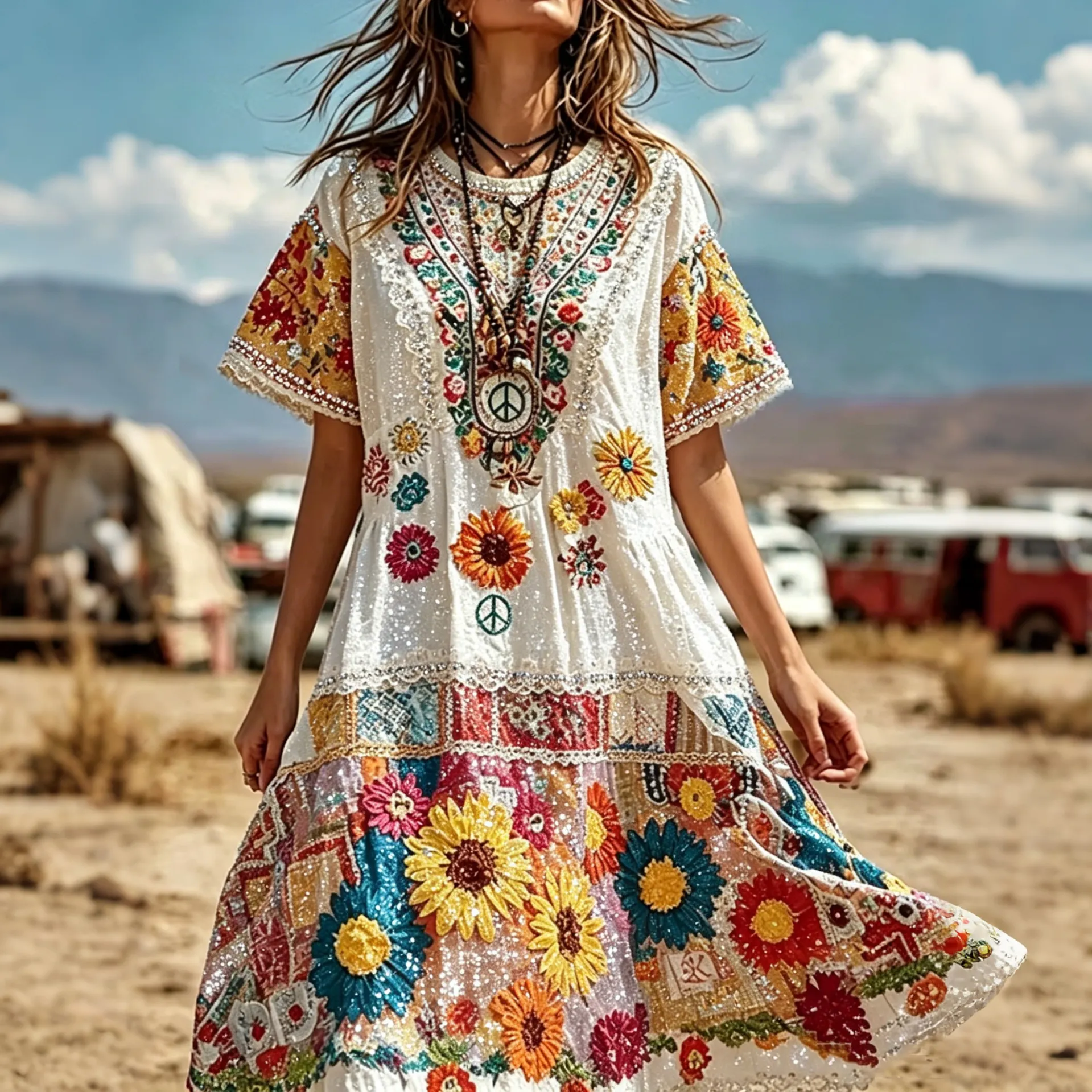 Comstylish Women's Retro Patchwork Hippie Flowers Peace Sign Print Cotton Linen Dress