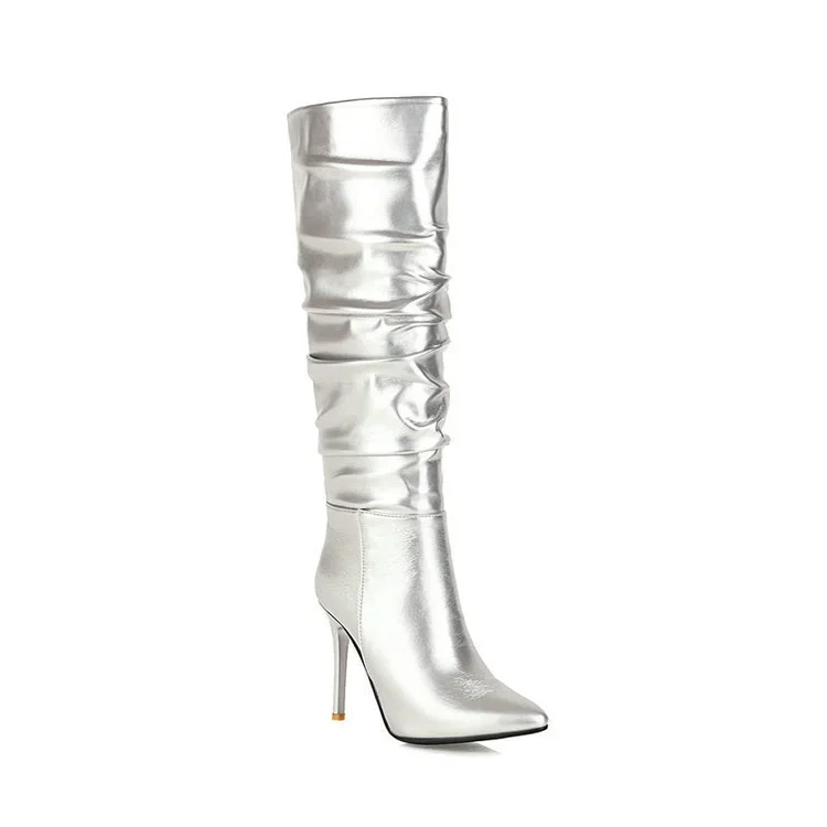 Sexy Metallic Slouch Knee High Boots Pointed Toe Stiletto Heels Boots For Winter Party Radinnoo.com