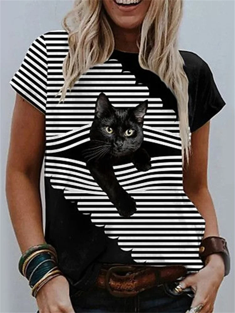 Funny Cat Stripe Print T Shirt