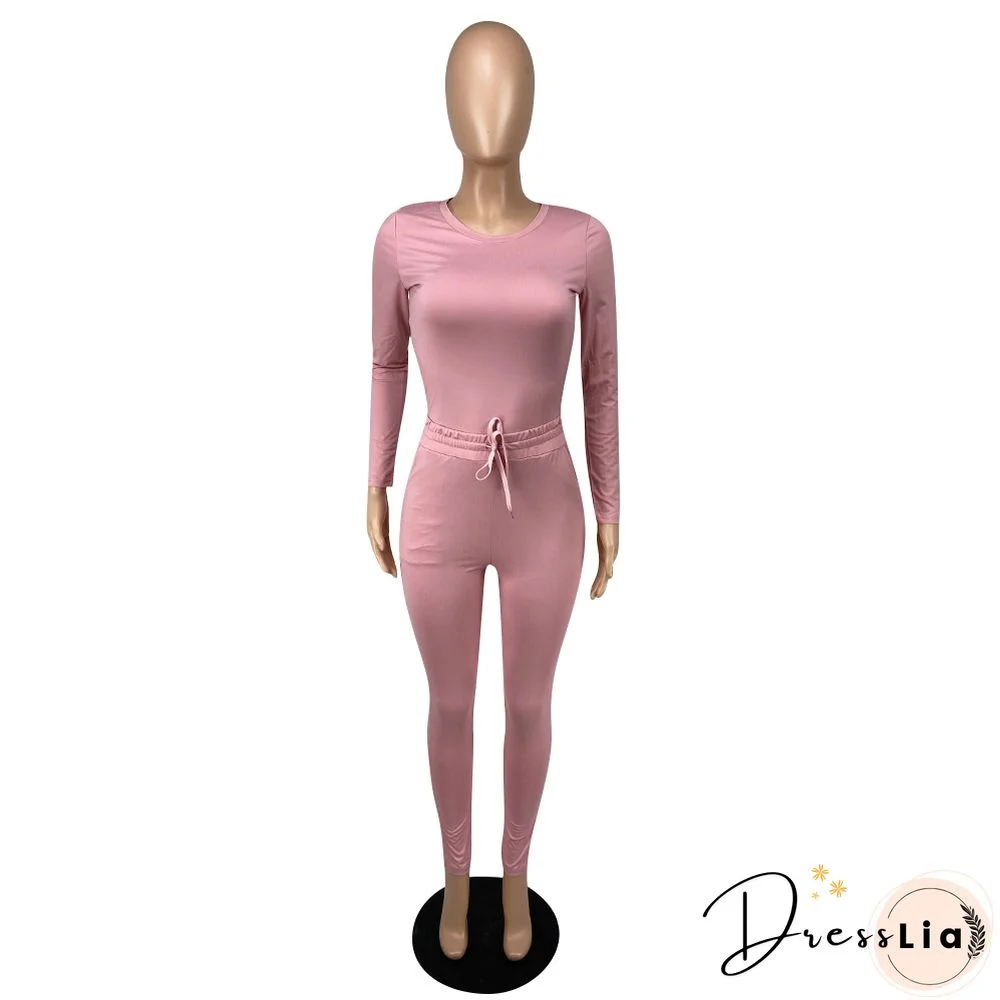 Solid Long Sleeve T Shirt Lace Up Pants Set