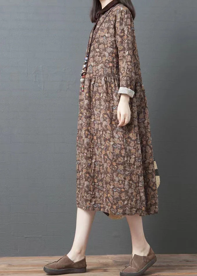 Organic lapel pockets cotton clothes Women Coffee print Art Dresses